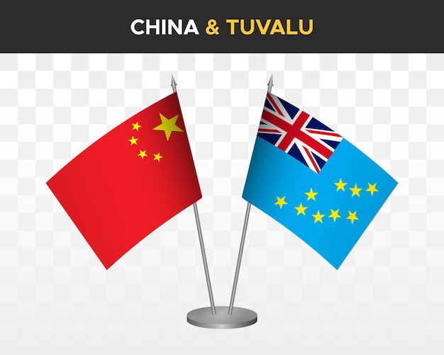 Макет настольных флагов Китая против тувалу изолированных трехмерных векторных иллюстраций китайские настольные флаги