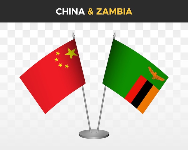 China vs Zambia bureauvlaggen mockup geïsoleerde 3d vector illustratie chinese tafelvlaggen