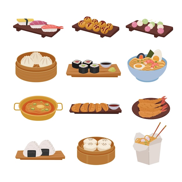 Vector chinees eten menu minimalistisch platte cartoon heerlijk chinees aziatisch eten chow mein zoet en zuur kip lente rollen dim sum wonton vector china keuken voedingsmiddelen set collectie