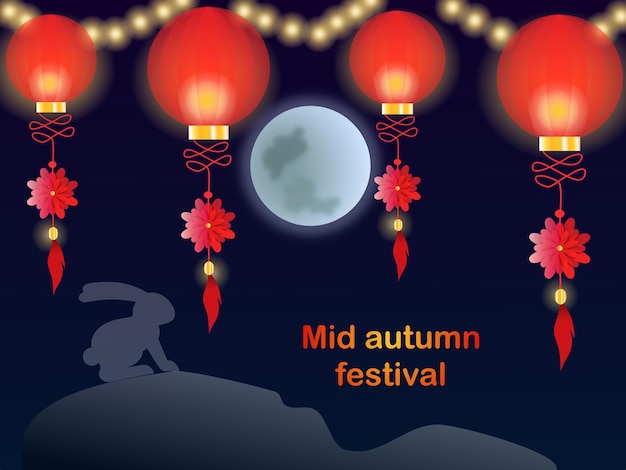 Vector chinees festival halverwege de herfst met dwaze maan en konijnenmaankonijntje