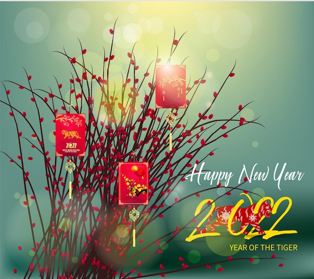 Chinees nieuwjaar 2022 jaar van de tijger rode en gouden bloem en Aziatische elementen papier gesneden met ambacht