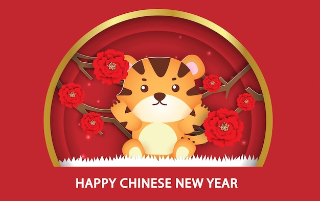 Chinees nieuwjaar 2022 jaar van de tijger wenskaart in papier gesneden stijl
