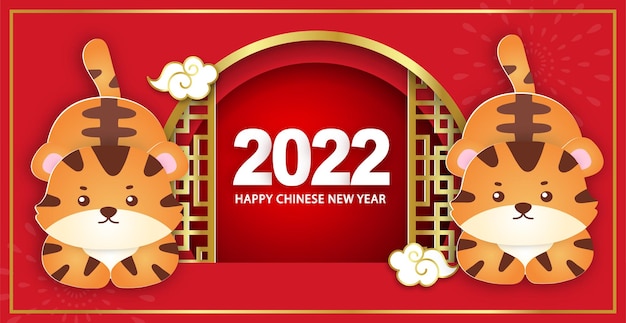Chinees nieuwjaar 2022 jaar van de tijgerbanner in papierstijl