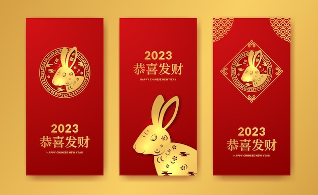 Chinees Nieuwjaar 2023 Jaar van konijn konijn gouden decoratie patroonelement voor sociale media verhalen