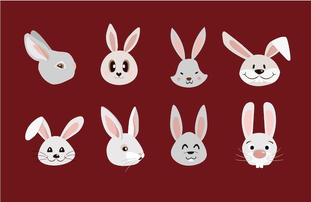 Vector chinees nieuwjaar 2023 schattig konijn gezichten hoofden set van schattige cartoon dieren haas portretten op rode achtergrond past voor het ontwerpen van kinderkleding wenskaart spandoek poster vectorillustratie