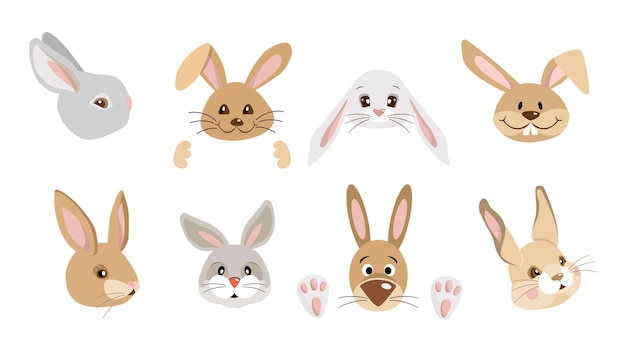 Chinees nieuwjaar 2023 schattige konijnen gezichten hoofden set van schattige cartoon dieren hazen portretten op wit past voor het ontwerpen van kinderkleding wenskaarten spandoek poster vectorillustratie