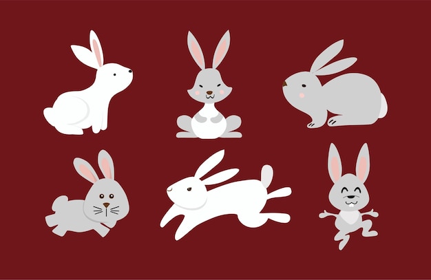Vector chinees nieuwjaar 2023 van het konijn set van schattige konijntjes in verschillende poses in cartoon op rode achtergrond hazen past voor het ontwerpen van kinderkleding wenskaarten spandoek poster vectorillustratie