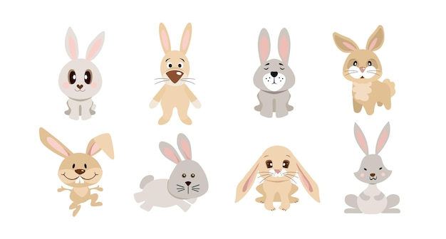 Chinees nieuwjaar 2023 van het konijn set van schattige konijntjes in verschillende poses in cartoon op witte achtergrond hazen past voor het ontwerpen van kinderkleding wenskaarten spandoek poster vectorillustratie