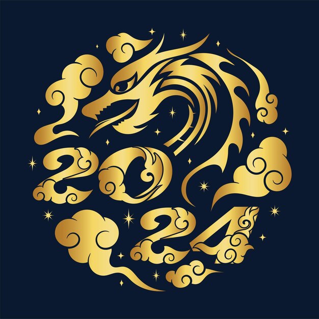 Vector chinees nieuwjaar 2024 met gouden wolk die 2024 vormt en het sterrenbeeld dragon