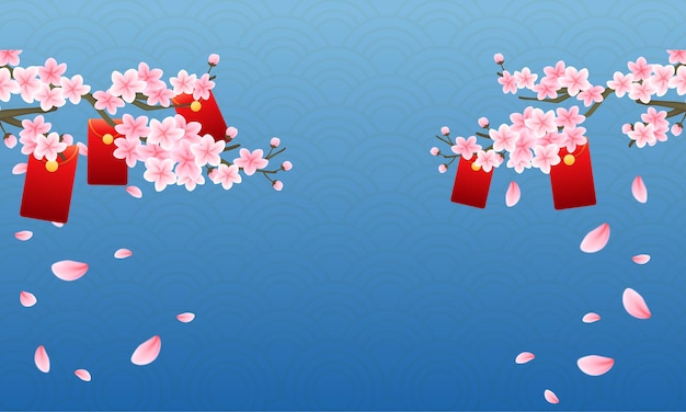 Chinees nieuwjaar achtergrond traditioneel blauw patroon en rode envelop in roze Sakura boomtakken