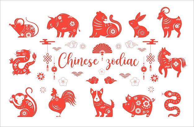 Chinees nieuwjaar, chinese dierenriem dieren symbolen.