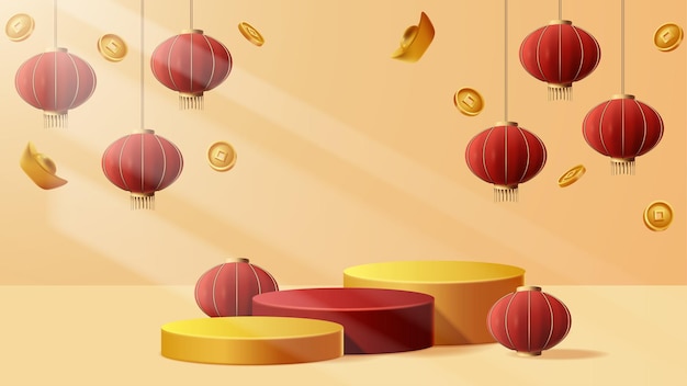 Chinees nieuwjaar display podium decoratie achtergrond met chinese ornament vector 3d illustratie