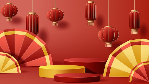 Chinees nieuwjaar display podium decoratie achtergrond met chinese ornament vector 3d illustratie