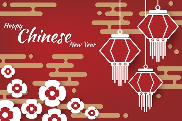 Chinees Nieuwjaar festival banner ontwerp met lampen bloem en wolken op rode achtergrond