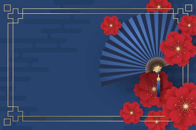 Chinees Nieuwjaar festivalbannerontwerp met opvouwbare fans met gouden frame en rode bloemen