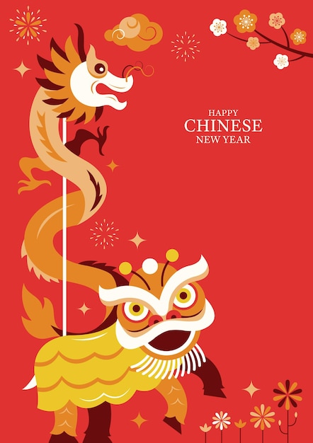 Chinees nieuwjaar lion en dragon dance character achtergrond