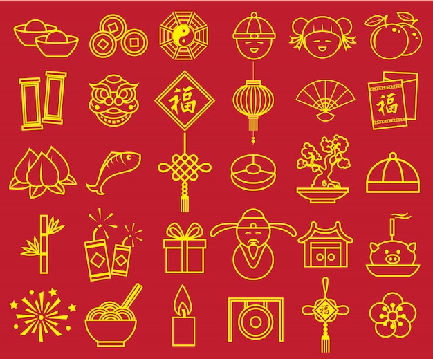 Vector chinees nieuwjaar pictogram teken symboolset