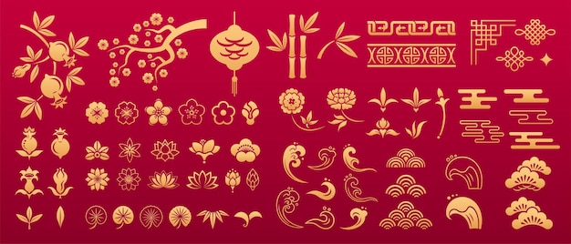 Chinees ornament. oriënteer bloempatronen. aziatische traditionele ornamenten. floral gouden vectorelementen: sakura, lotus, pioen, chrysant, granaat bloem. geometrisch en knooppatroon, lantaarn, wolk.