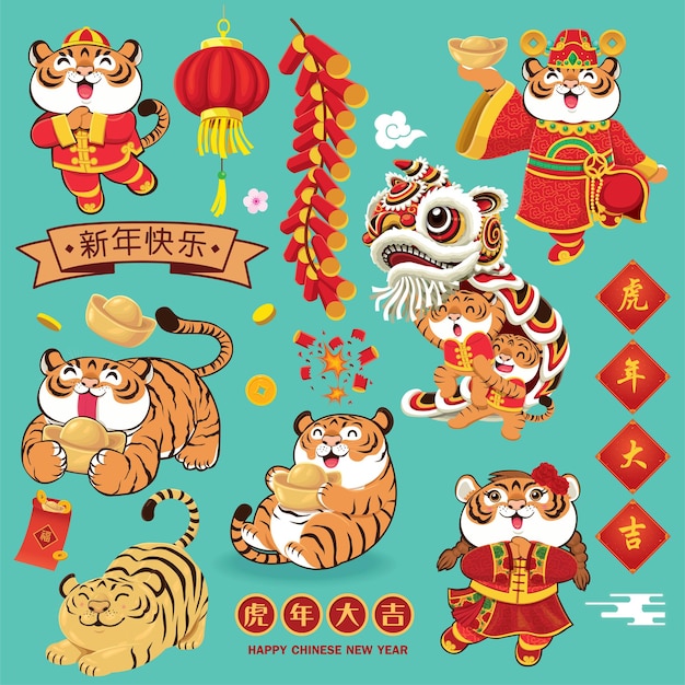 Chinees vertaalt gunstig jaar van de tijgergelukkige nieuwe jaartijger