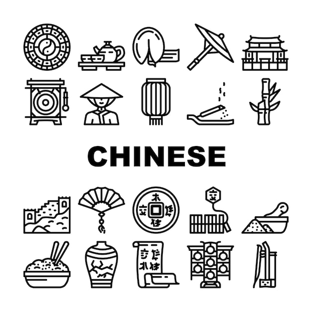 Vector chinese accessory and tradition icons set vector chinese great wall and temple building lantern and umbrella asian tea and oriental food dish calendar and conical hat black contour illustrations