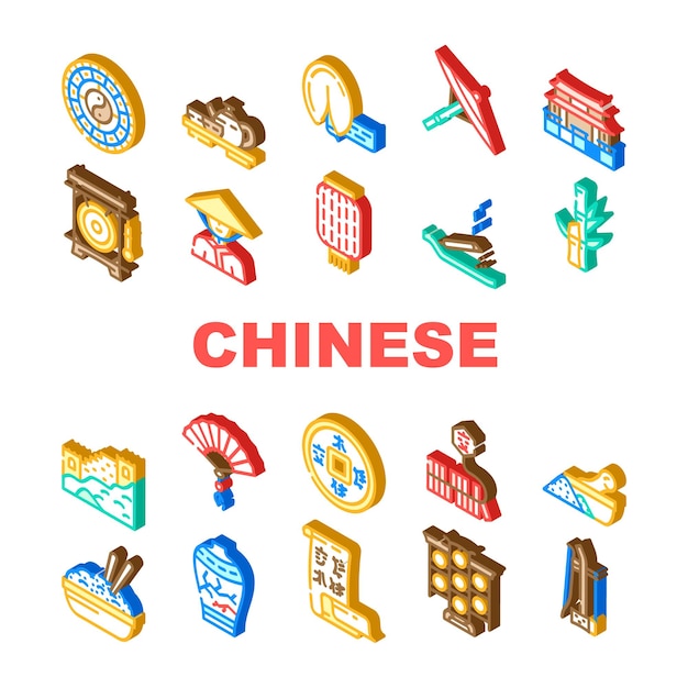 Chinese accessory and tradition icons set vector chinese great wall temple building lantern and umbrella asian tea oriental food dish calendar and conical hat isometric sign color illustrations