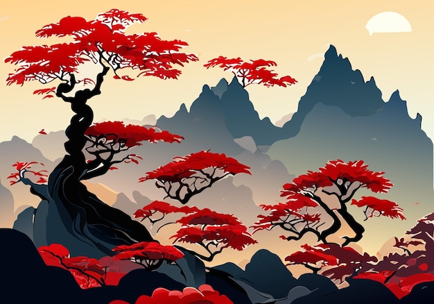 Chinese aquarel inkt stijl bergboom landschap