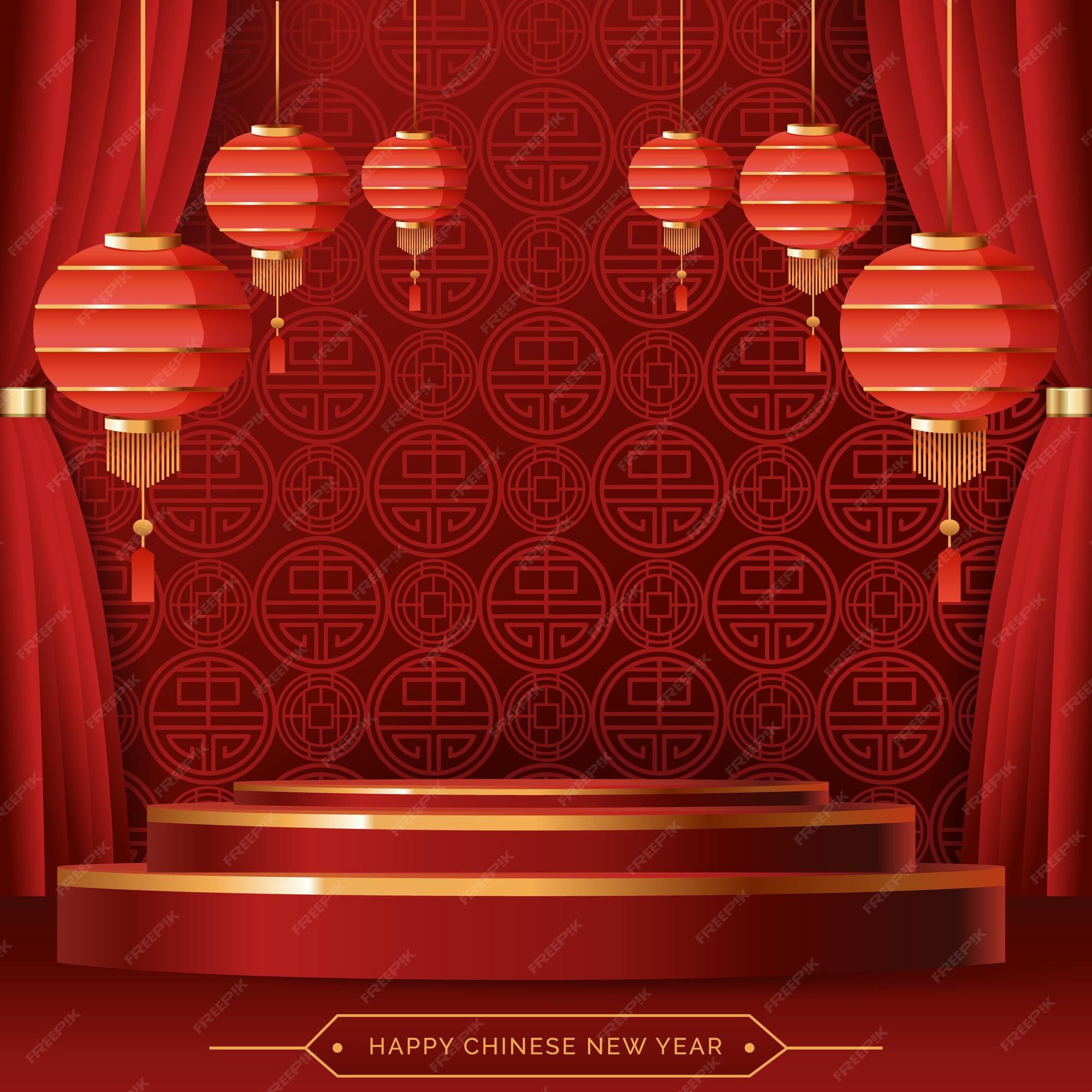 Premium Vector | Chinese asian decor stage with backdrop red theme for background  banner
