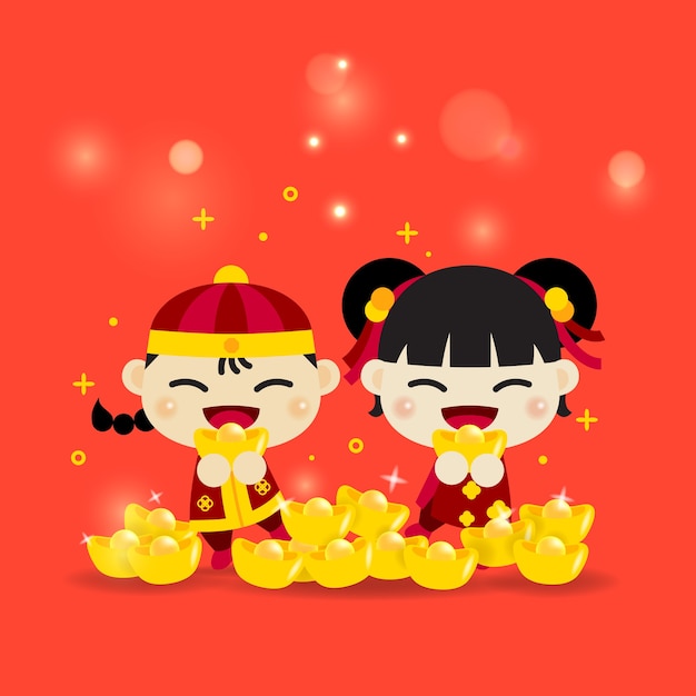 Chinese Asian kids boy and girl smiling hold the gold to celebrate the traditional China festival behind many lot of gold and bokeh light. Happy Chinese New Year.