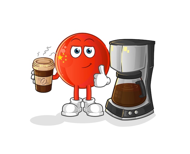 Chinese badge drinking coffee illustration. character vector