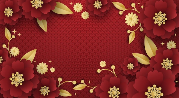 Vector chinese banner design with frame and flowers on red pattern background for your copy space