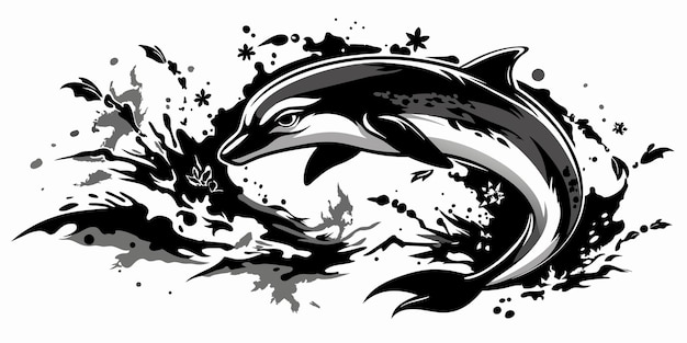 Chinese black and white ink painting of dolphin with artistic brush strokes and splatter effect