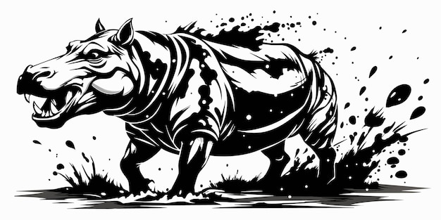 Vector chinese black and white ink painting of hippopotamus with artistic brush strokes and splatter effect