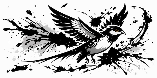 Chinese black and white ink painting of Sparrow with artistic brush strokes and splatter effect