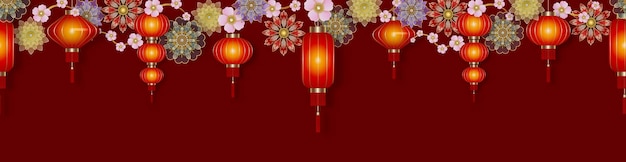 中国の祝日のための赤い提灯と花のシームレスな境界線