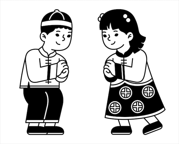 Chinese boy and girl celebrate lunar new year black and white line vector illustration