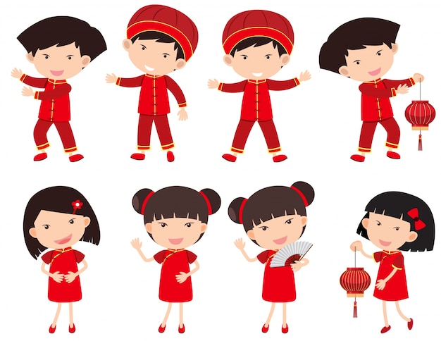 Vector chinese boys and girls in red outfit