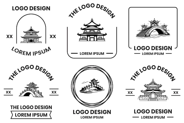 Chinese building or Japanese building logo in flat line art style isolated on background