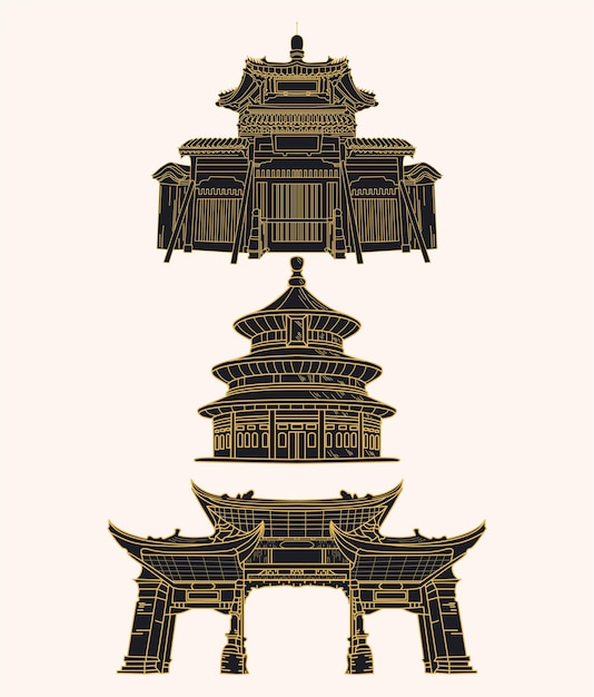 Vector chinese building line art chinese temple line drawing