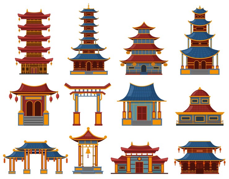Vector chinese buildings. architectural asian temples, palaces and pagoda houses, china cultural objects illustration set