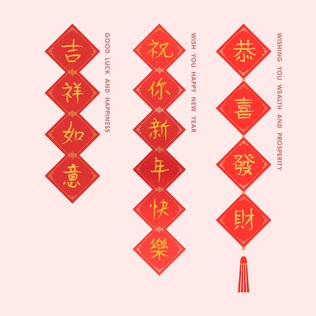 Vector chinese calligraphy paper with blessing wishes text. good luck, wish you happiness, prosperity, luck