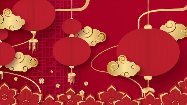 Китайский китайский универсальный красный и золотой фон с фонарем, цветком, деревом, символом и узором. Красный и золотой papercut китайский фон шаблона