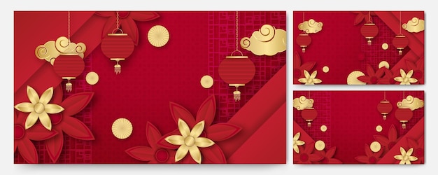 Sfondo rosso e oro universale cinese cinese con lanterna, fiore, albero, simbolo e motivo. modello di sfondo cinese papercut rosso e oro