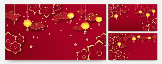 Chinese china universal red and gold background with lantern, flower, tree, symbol, and pattern. Red and gold papercut chinese background template