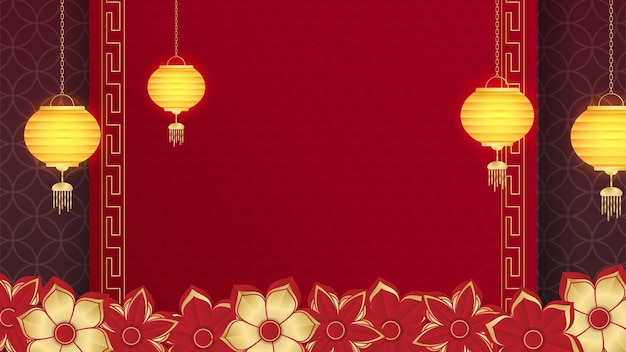 Chinese china universal red and gold background with lantern, flower, tree, symbol, and pattern. Red and gold papercut chinese background template