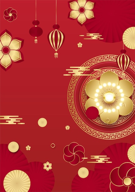 Vector chinese china universal red and gold background with lantern, flower, tree, symbol, and pattern. red and gold papercut chinese background template