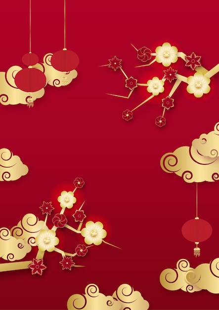 Chinese china universal red and gold background with lantern, flower, tree, symbol, and pattern. Red and gold papercut chinese background template