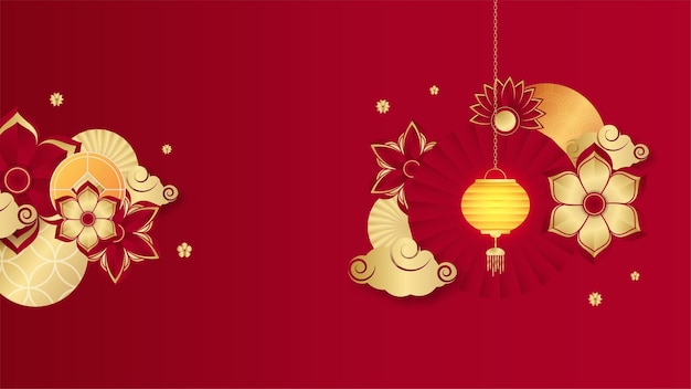 Chinese china universele rode en gouden achtergrond met lantaarn, bloem, boom, symbool en patroon. rode en gouden papercut chinese achtergrond sjabloon