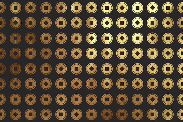 Chinese coins, background seamless pattern. Texture asian shape of money in golden color.