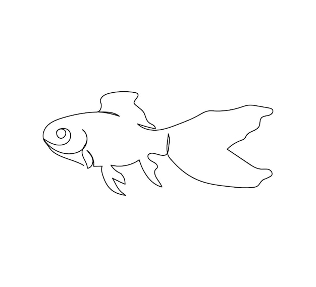 Китайский карась, золотая рыбка, рисунок непрерывной линии веернохвоста. Одна линия из пресноводной рыбы, морепродуктов.