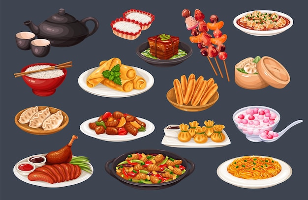 Vector chinese cuisine. dragons beard candy and tanghulu. wok, peking duck, dumplings, wonton, fried noodles and rolls. asian food mapo tofu, rice. vector icons set of chinese food